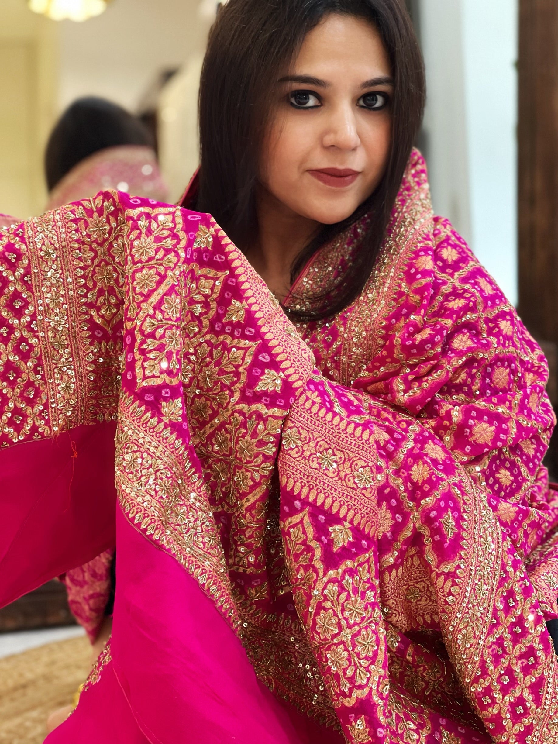 Pink Handwoven NeemZari Bareek Bandhani with Sequin, Dabka Handwork in Pure Georgette - Masakalee