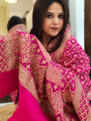 Pink Handwoven NeemZari Bareek Bandhani with Sequin, Dabka Handwork in Pure Georgette - Masakalee