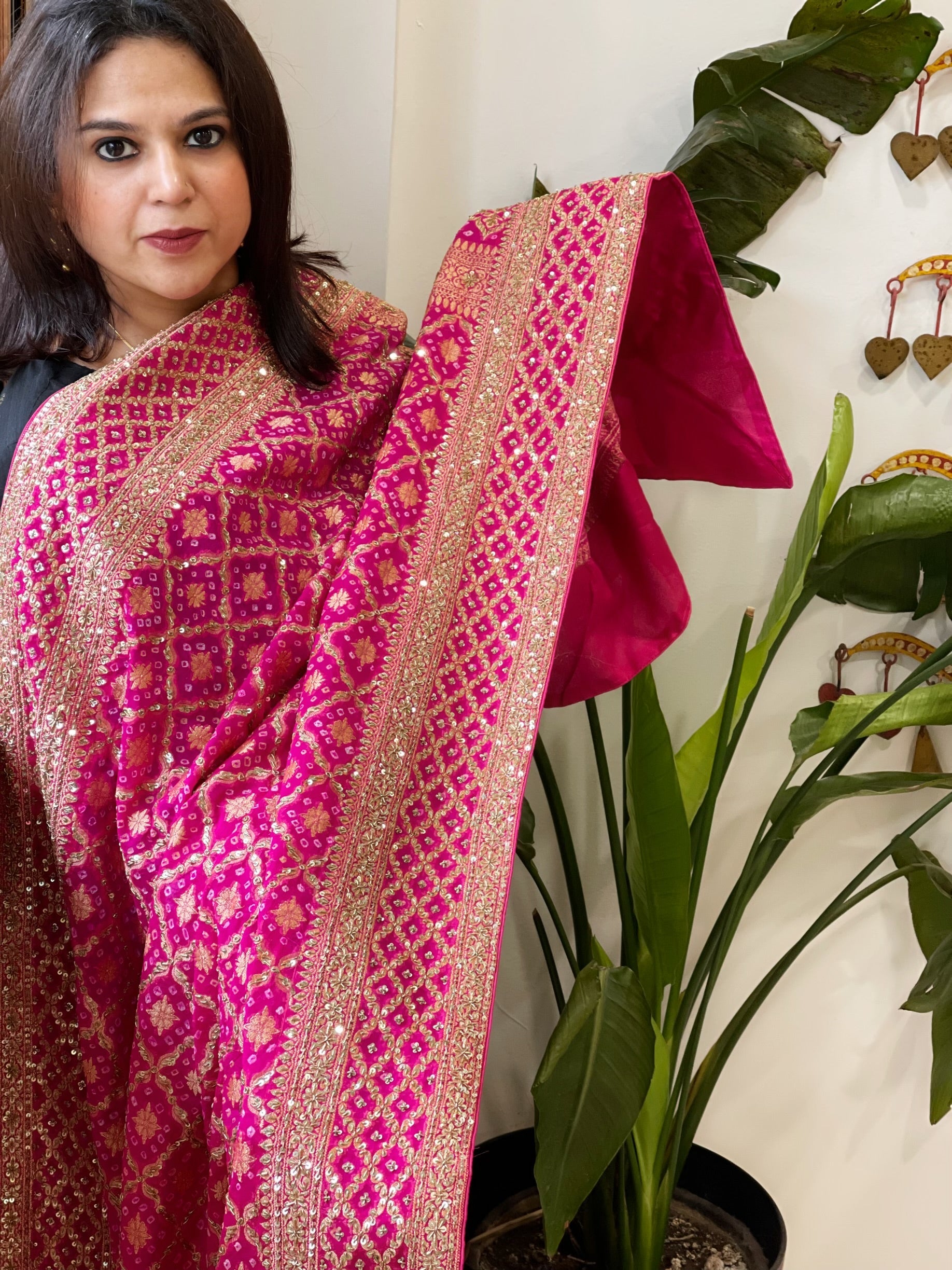 Pink Handwoven NeemZari Bareek Bandhani with Sequin, Dabka Handwork in Pure Georgette - Masakalee