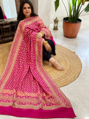 Pink Handwoven NeemZari Bareek Bandhani with Sequin, Dabka Handwork in Pure Georgette - Masakalee