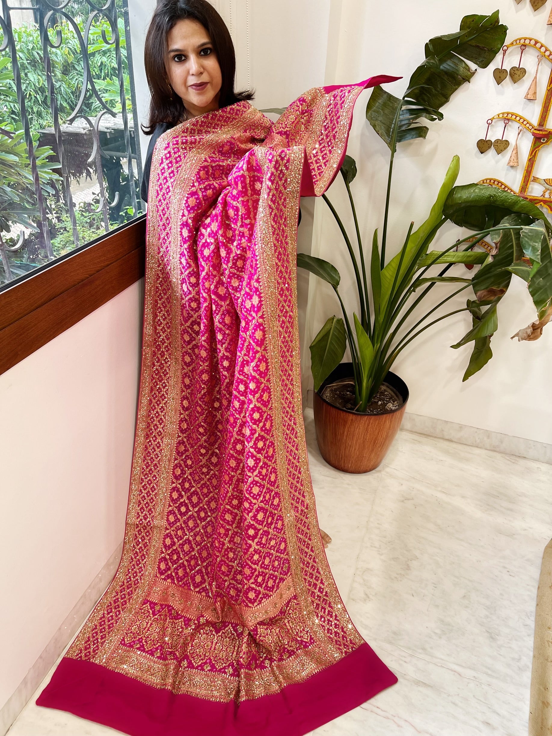 Pink Handwoven NeemZari Bareek Bandhani with Sequin, Dabka Handwork in Pure Georgette - Masakalee