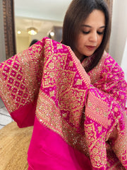 Pink Handwoven NeemZari Bareek Bandhani with Sequin, Dabka Handwork in Pure Georgette - Masakalee