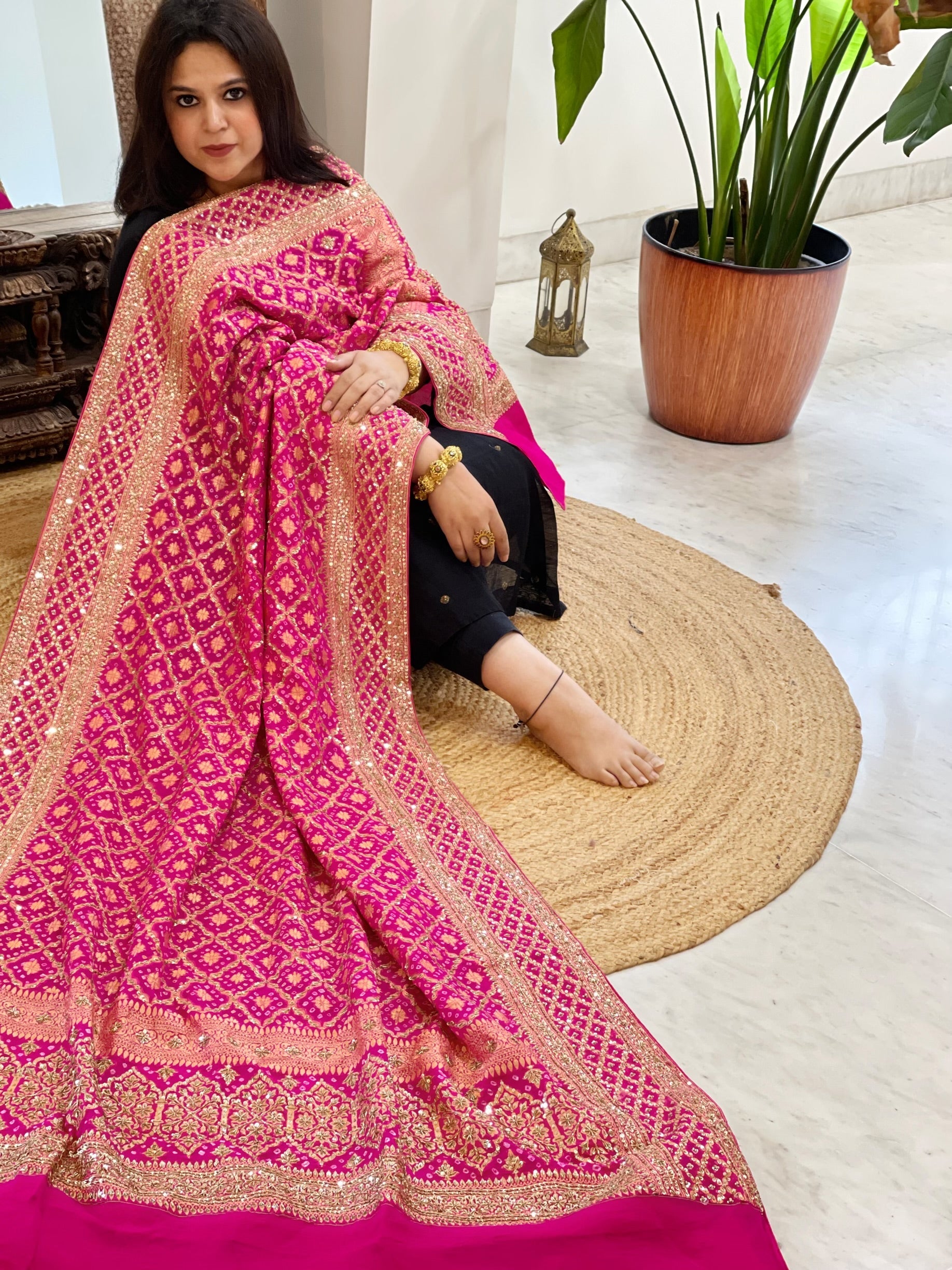 Pink Handwoven NeemZari Bareek Bandhani with Sequin, Dabka Handwork in Pure Georgette - Masakalee