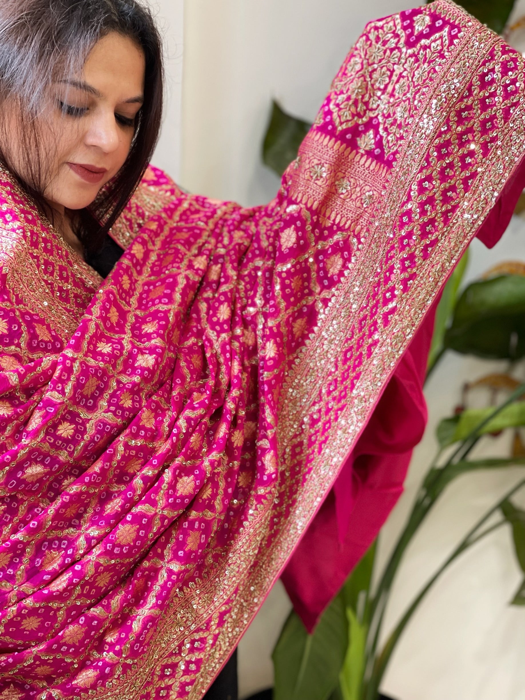 Pink Handwoven NeemZari Bareek Bandhani with Sequin, Dabka Handwork in Pure Georgette - Masakalee