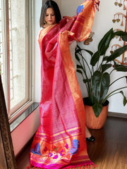 Pink Handwoven Paithani Dupatta in Pure Silk - Masakalee