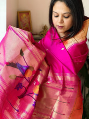 Pink Handwoven Paithani Dupatta in Pure Silk - Masakalee