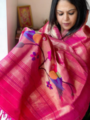 Pink Handwoven Paithani Dupatta in Pure Silk - Masakalee