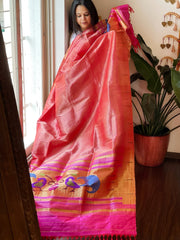 Pink Handwoven Paithani Dupatta in Pure Silk - Masakalee
