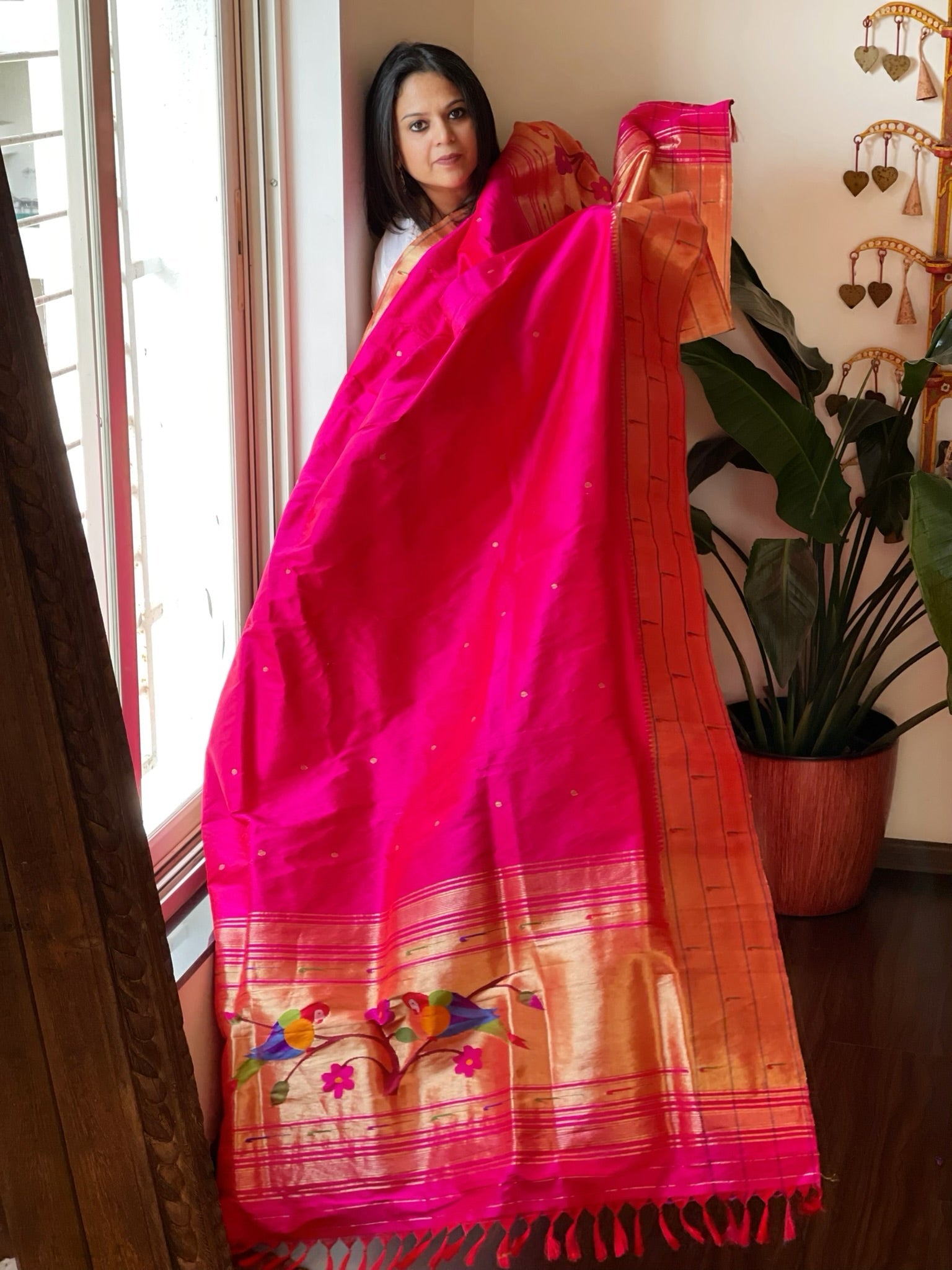 Pink Handwoven Triple Zari Border Paithani Dupatta in Pure Silk - Masakalee