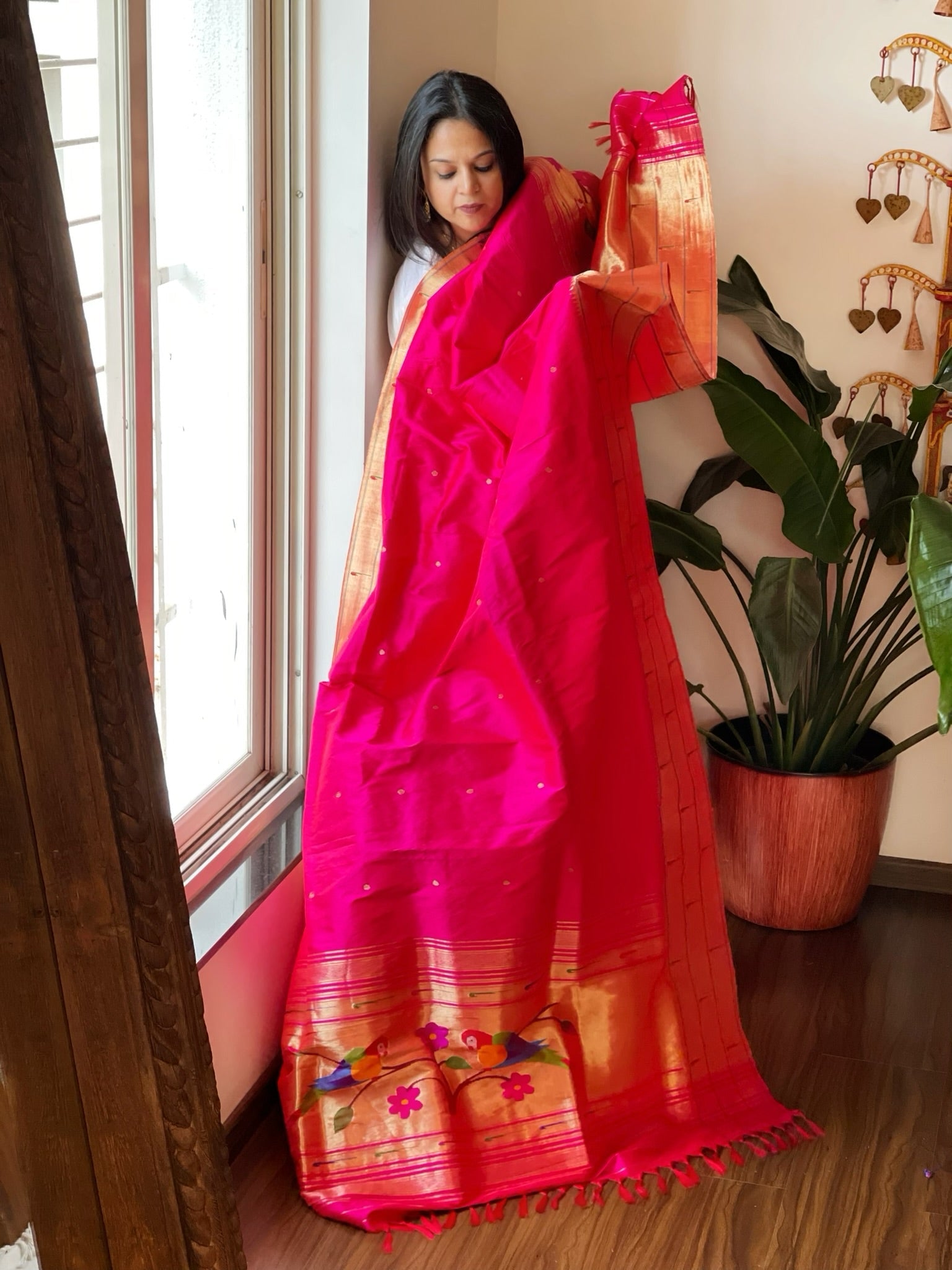 Pink Handwoven Triple Zari Border Paithani Dupatta in Pure Silk - Masakalee
