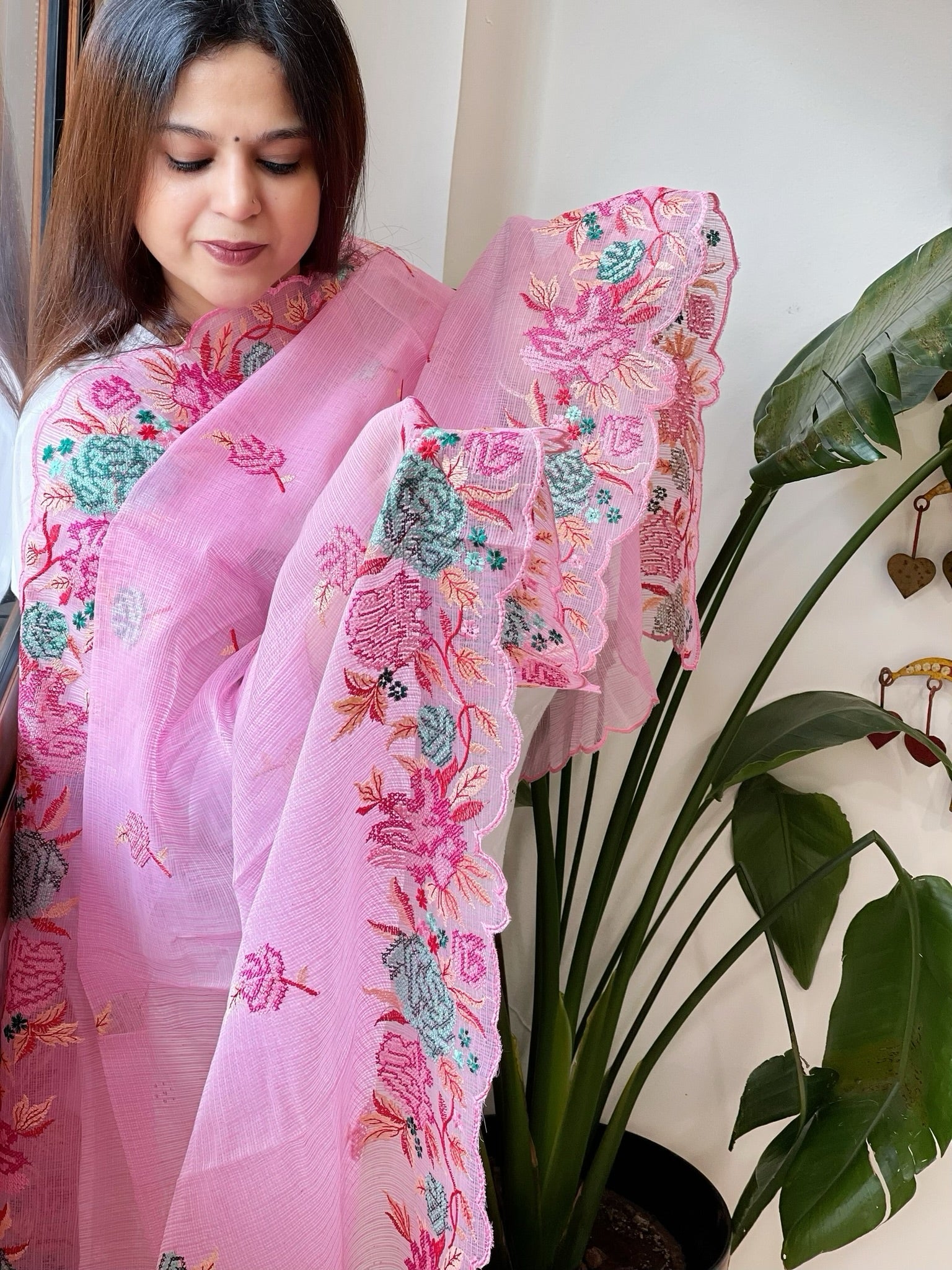 Pink Kota Cotton Dupatta with Cross - Stitch Embroidered Border - Masakalee