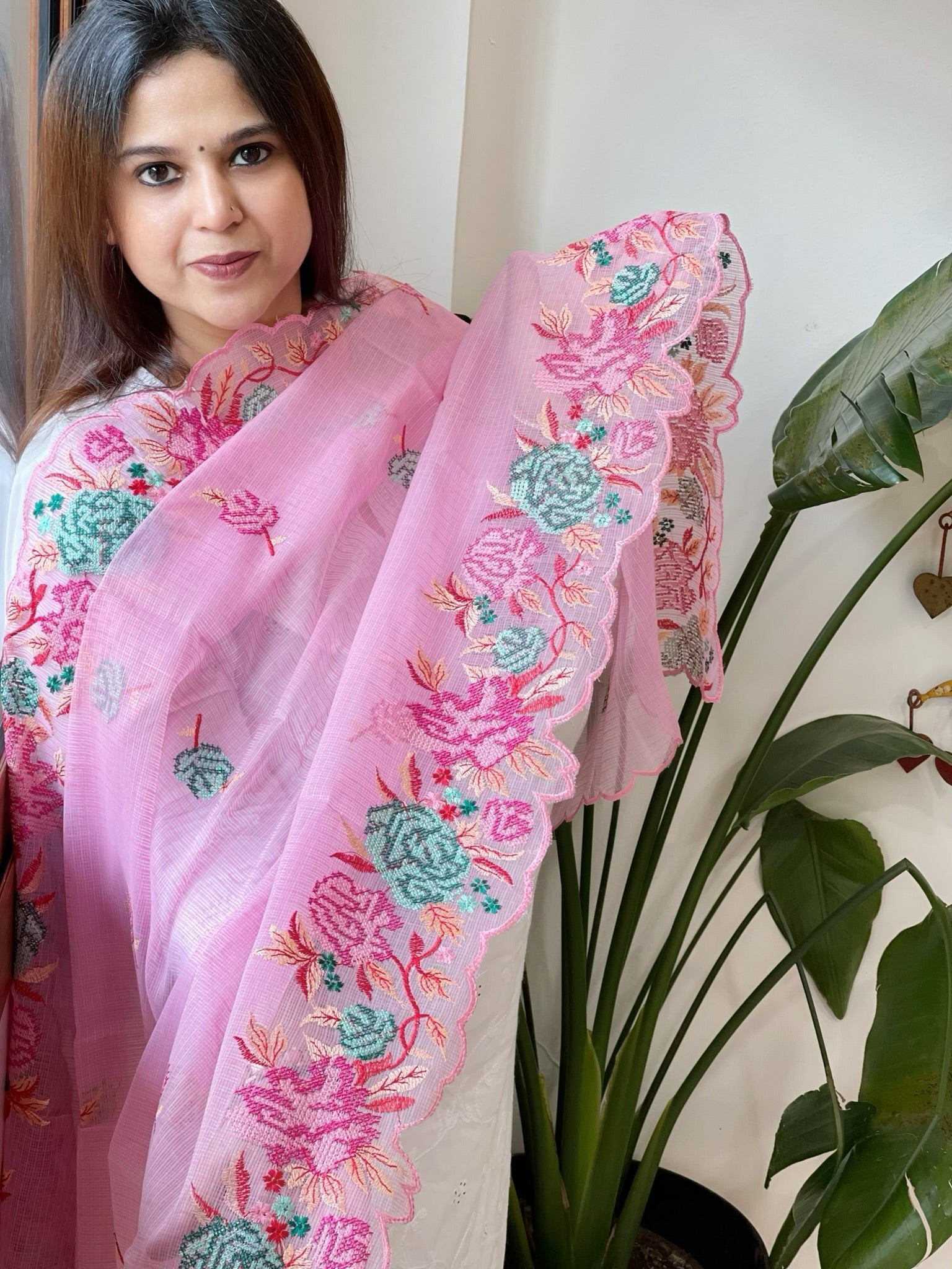 Pink Kota Cotton Dupatta with Cross - Stitch Embroidered Border - Masakalee