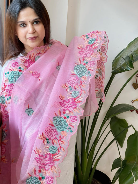 Pink Kota Cotton Dupatta with Cross - Stitch Embroidered Border - Masakalee