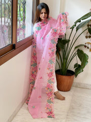 Pink Kota Cotton Dupatta with Cross - Stitch Embroidered Border - Masakalee