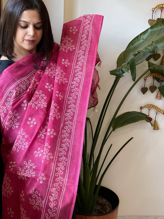 Pink Kota Cotton Handblock Printed Dupatta - Masakalee