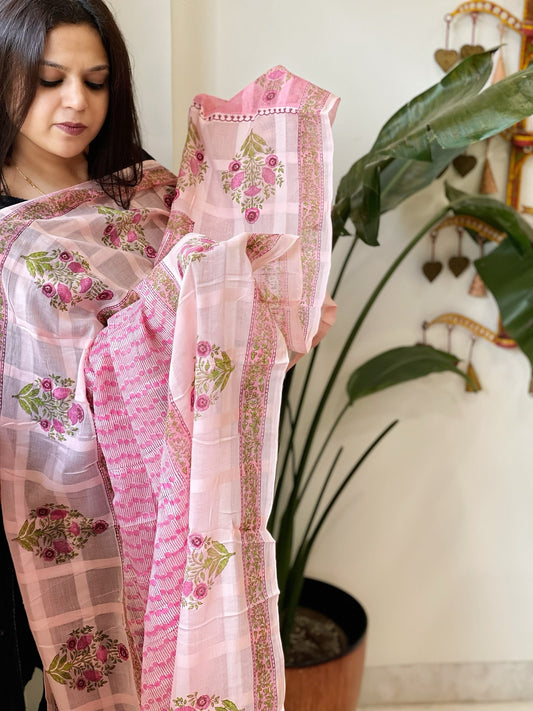 Pink Mul Cotton Handblock Printed Dupatta - Masakalee