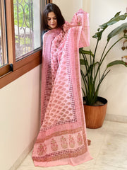 Pink Mul Cotton Handblock Printed Dupatta - Masakalee