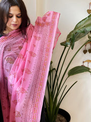Pink Mul Cotton Handblock Printed Dupatta - Masakalee