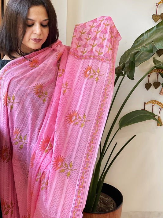 Pink Mul Cotton Handblock Printed Dupatta - Masakalee