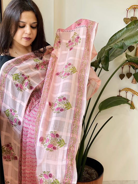 Pink Mul Cotton Handblock Printed Dupatta - Masakalee