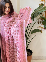 Pink Mul Cotton Handblock Printed Dupatta - Masakalee