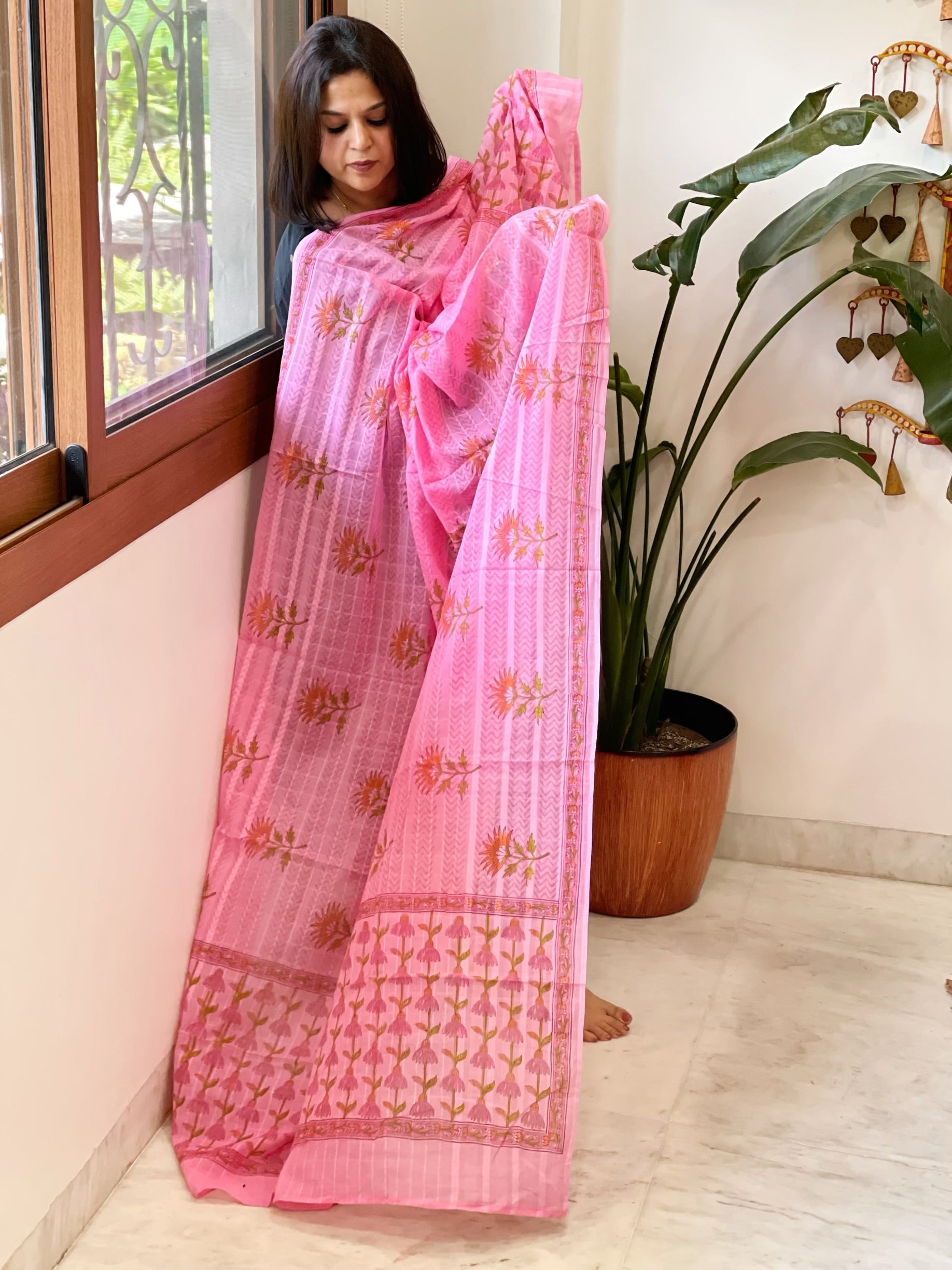 Pink Mul Cotton Handblock Printed Dupatta - Masakalee