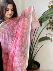 Pink Mul Cotton Handblock Printed Dupatta - Masakalee