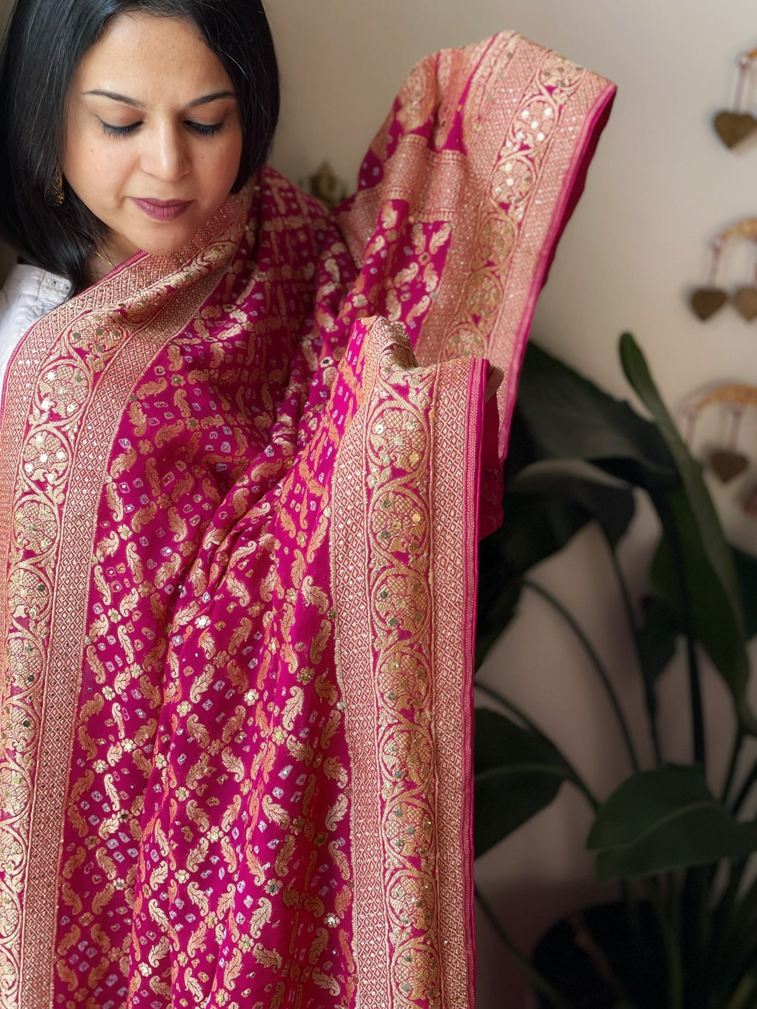 Pink Neemzari Bandhani Dupatta with Mukaish Handwork in Georgette - Masakalee