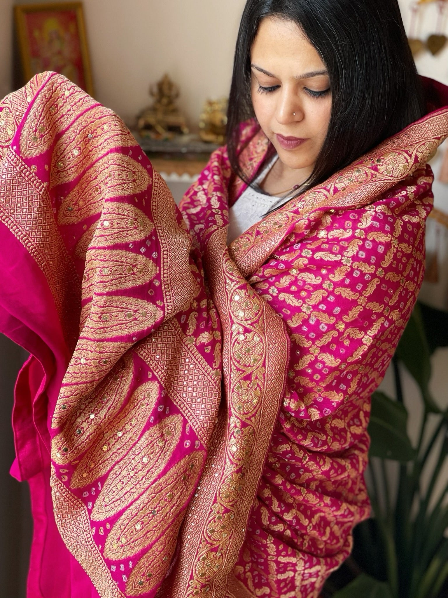 Pink Neemzari Bandhani Dupatta with Mukaish Handwork in Georgette - Masakalee