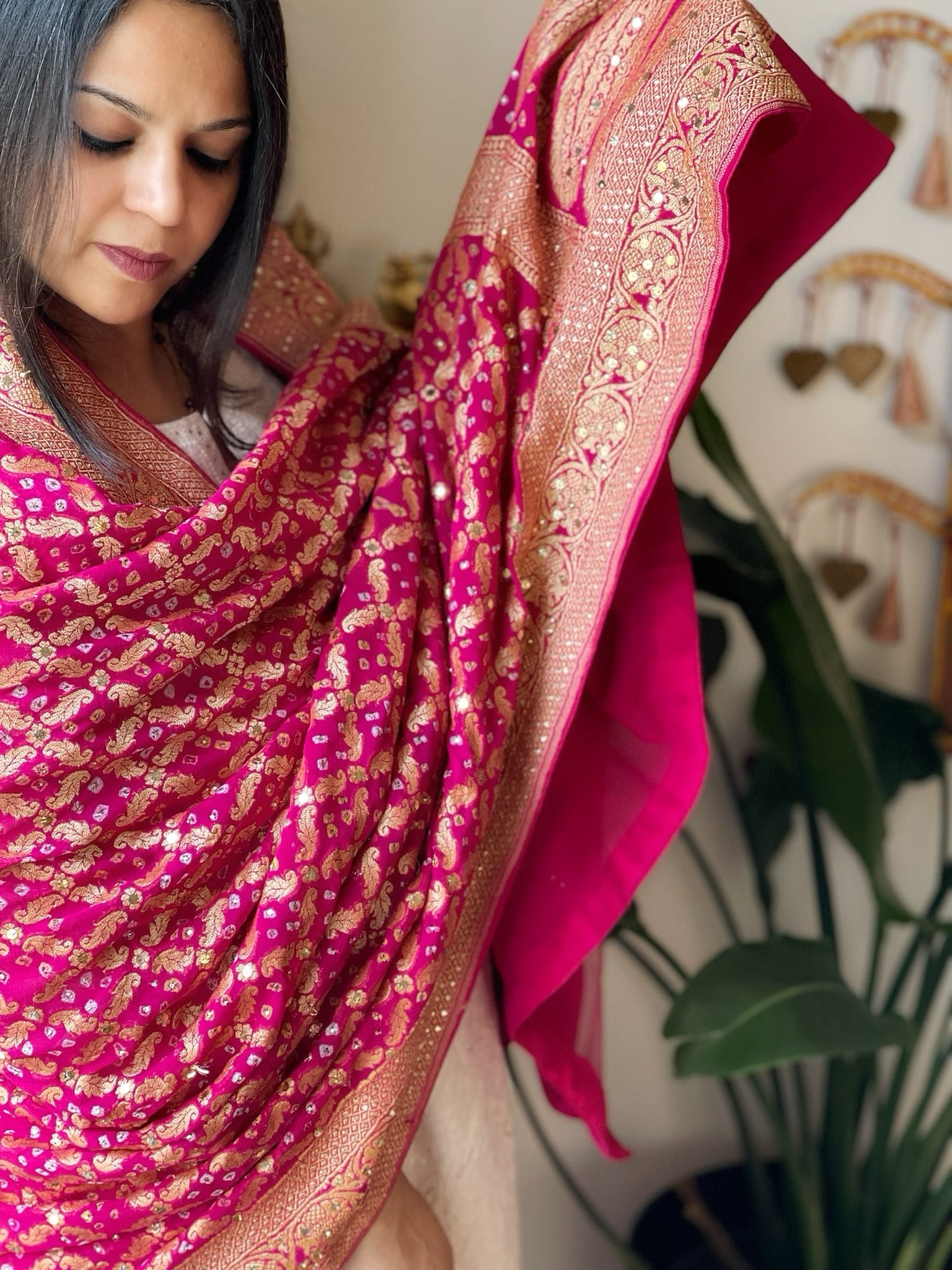 Pink Neemzari Bandhani Dupatta with Mukaish Handwork in Georgette - Masakalee