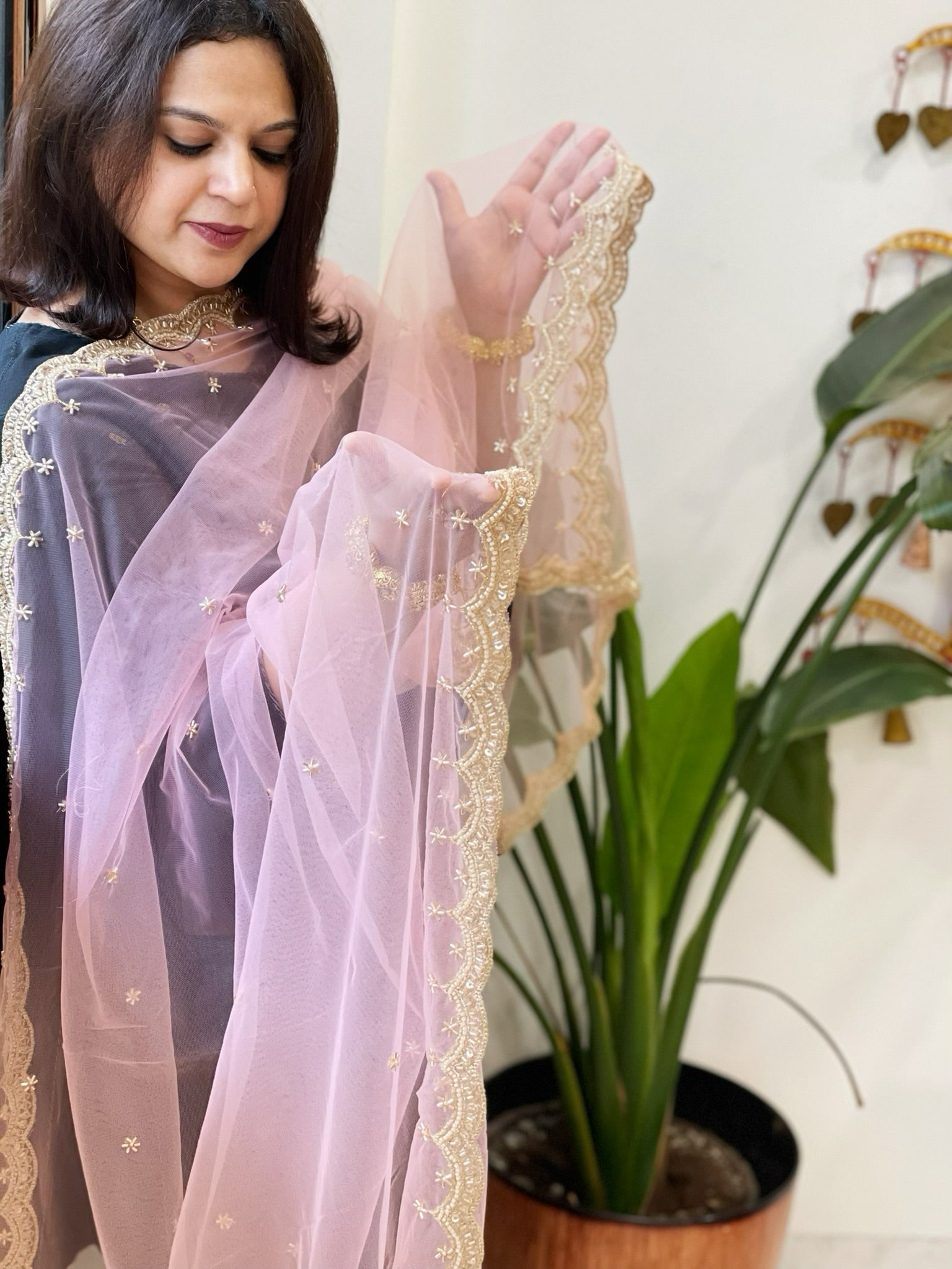 Pink Net Dupatta with Pearl, Sequin and Cut Daana Embroidery - Masakalee