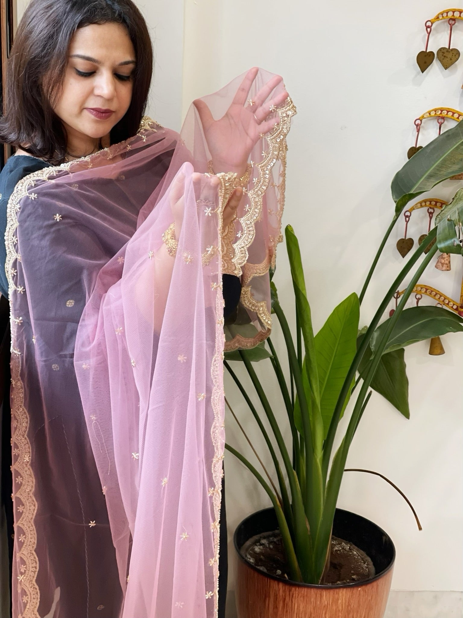 Pink Net Dupatta with Pearl, Sequin and Cut Daana Embroidery - Masakalee