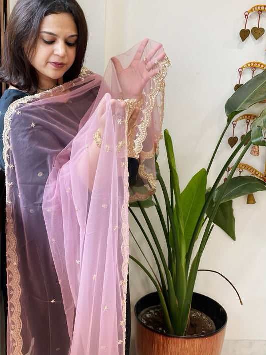 Pink Net Dupatta with Pearl, Sequin and Cut Daana Embroidery - Masakalee