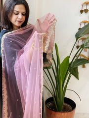 Pink Net Dupatta with Pearl, Sequin and Cut Daana Embroidery - Masakalee