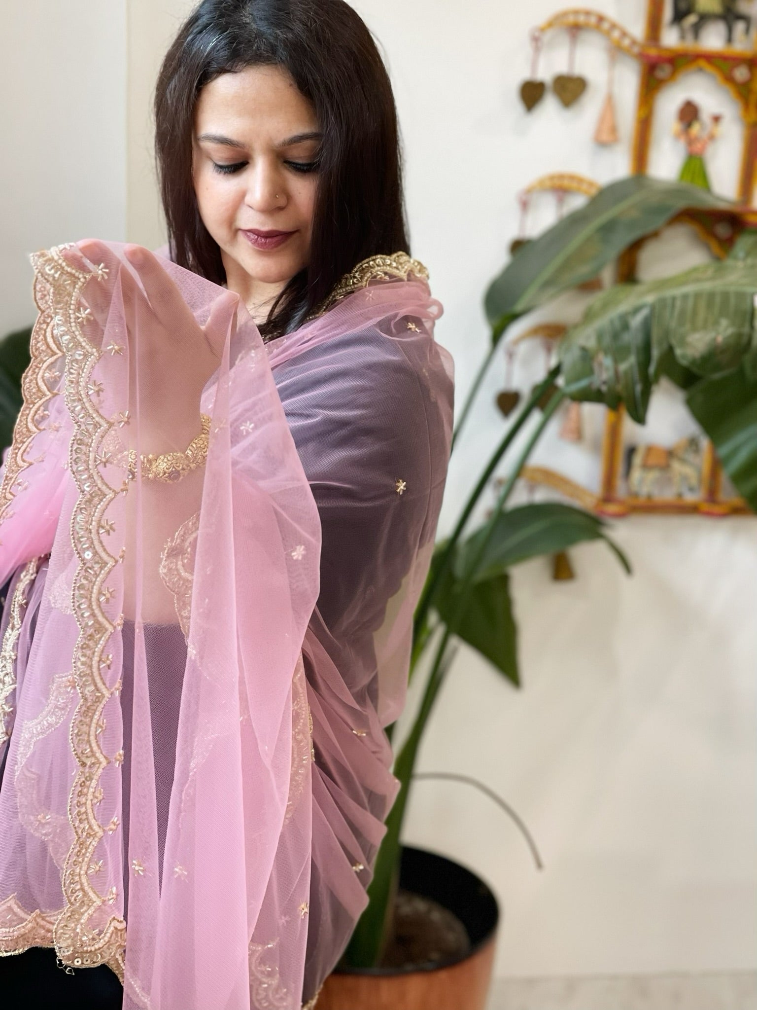 Pink Net Dupatta with Pearl, Sequin and Cut Daana Embroidery - Masakalee