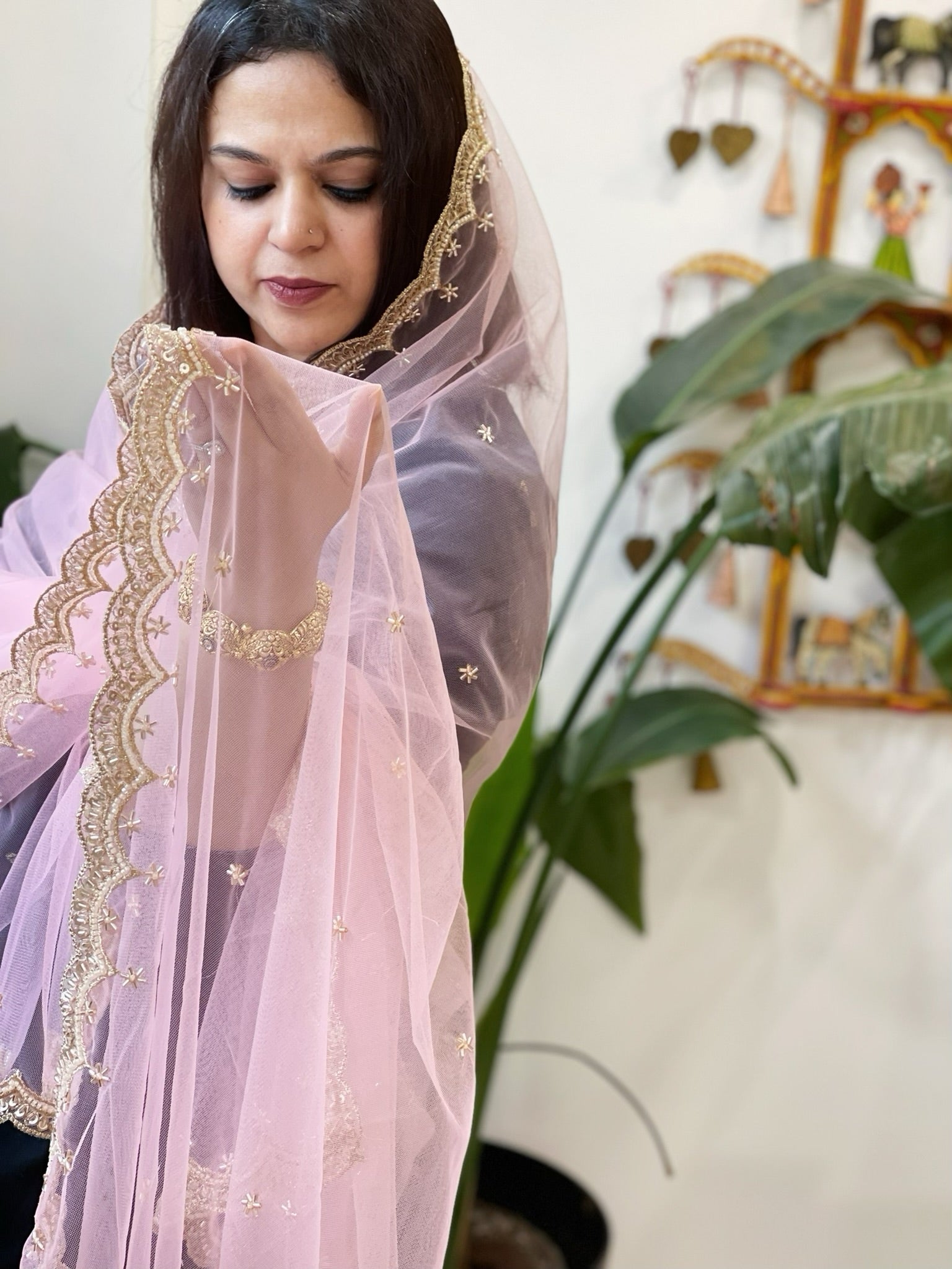 Pink Net Dupatta with Pearl, Sequin and Cut Daana Embroidery - Masakalee