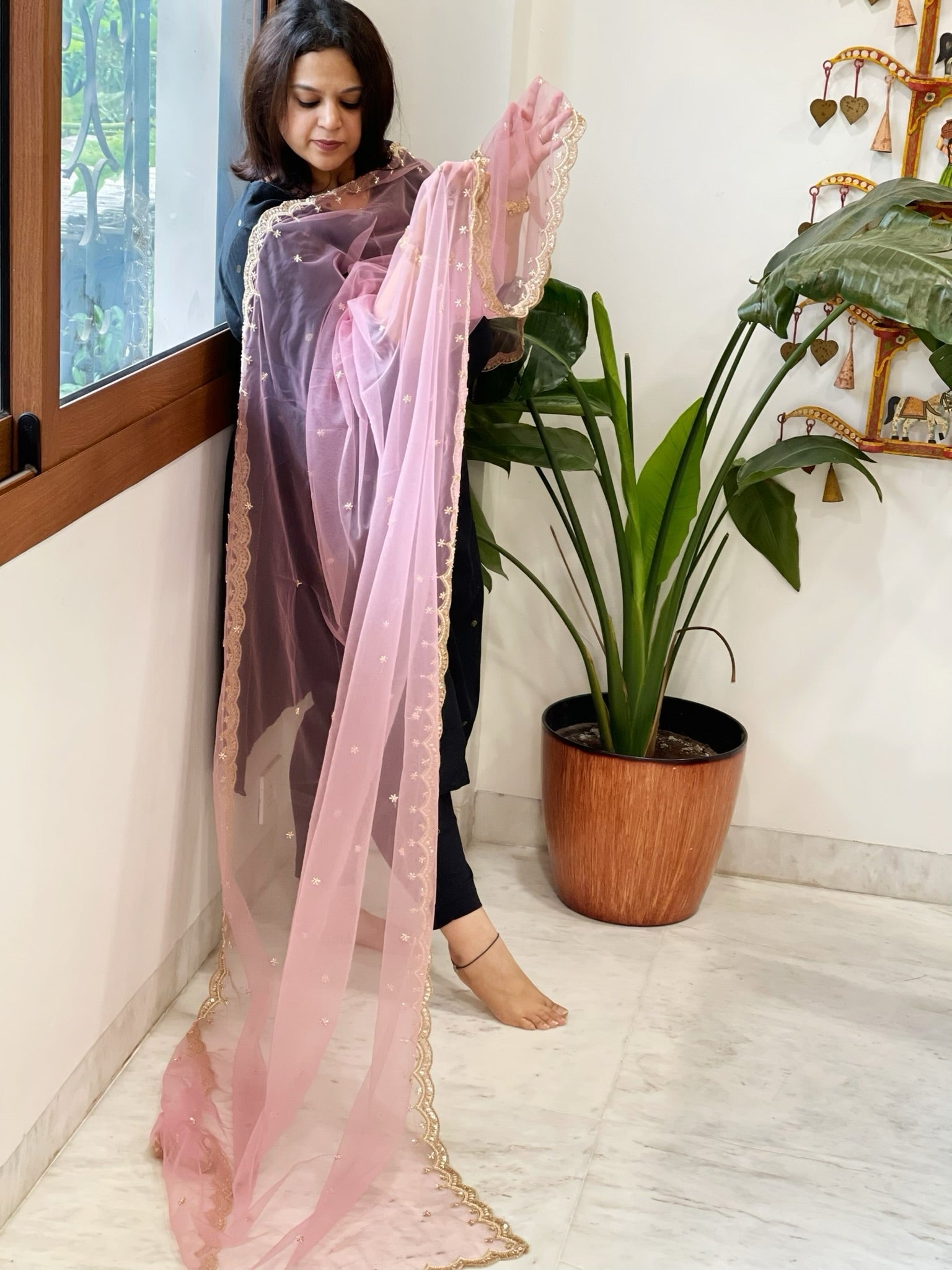 Pink Net Dupatta with Pearl, Sequin and Cut Daana Embroidery - Masakalee