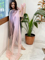 Pink Net Dupatta with Pearl, Sequin and Cut Daana Embroidery - Masakalee