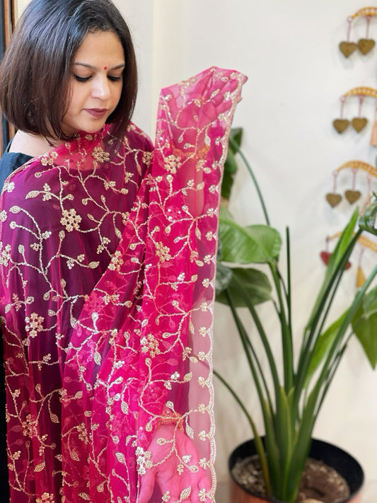 Pink Net Dupatta with Sequin and Cut Daana Embroidery - Masakalee