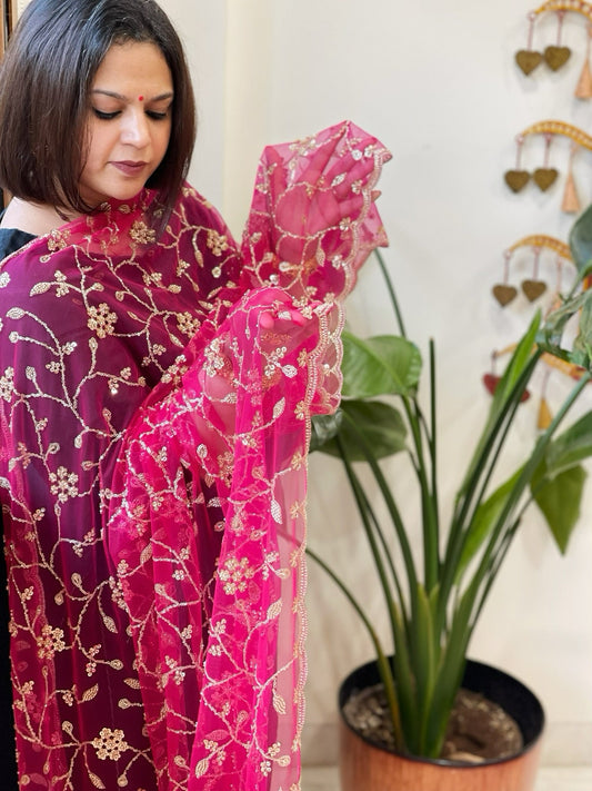 Pink Net Dupatta with Sequin and Cut Daana Embroidery - Masakalee