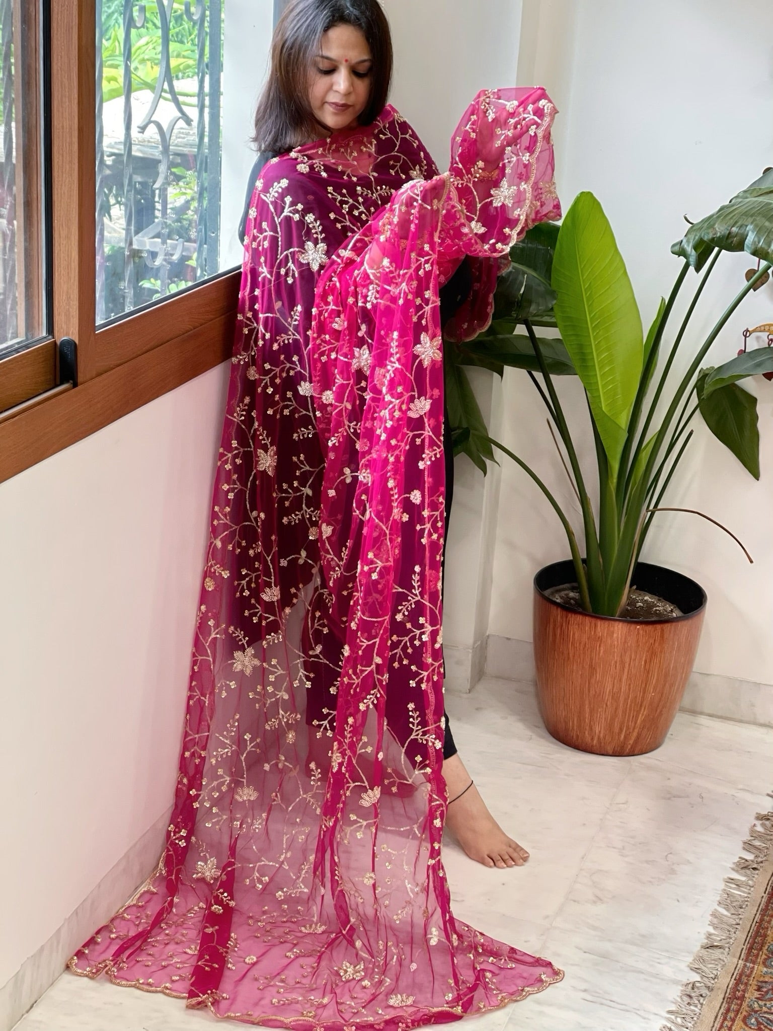 Pink Net Dupatta with Sequin and Cut Daana Embroidery - Masakalee