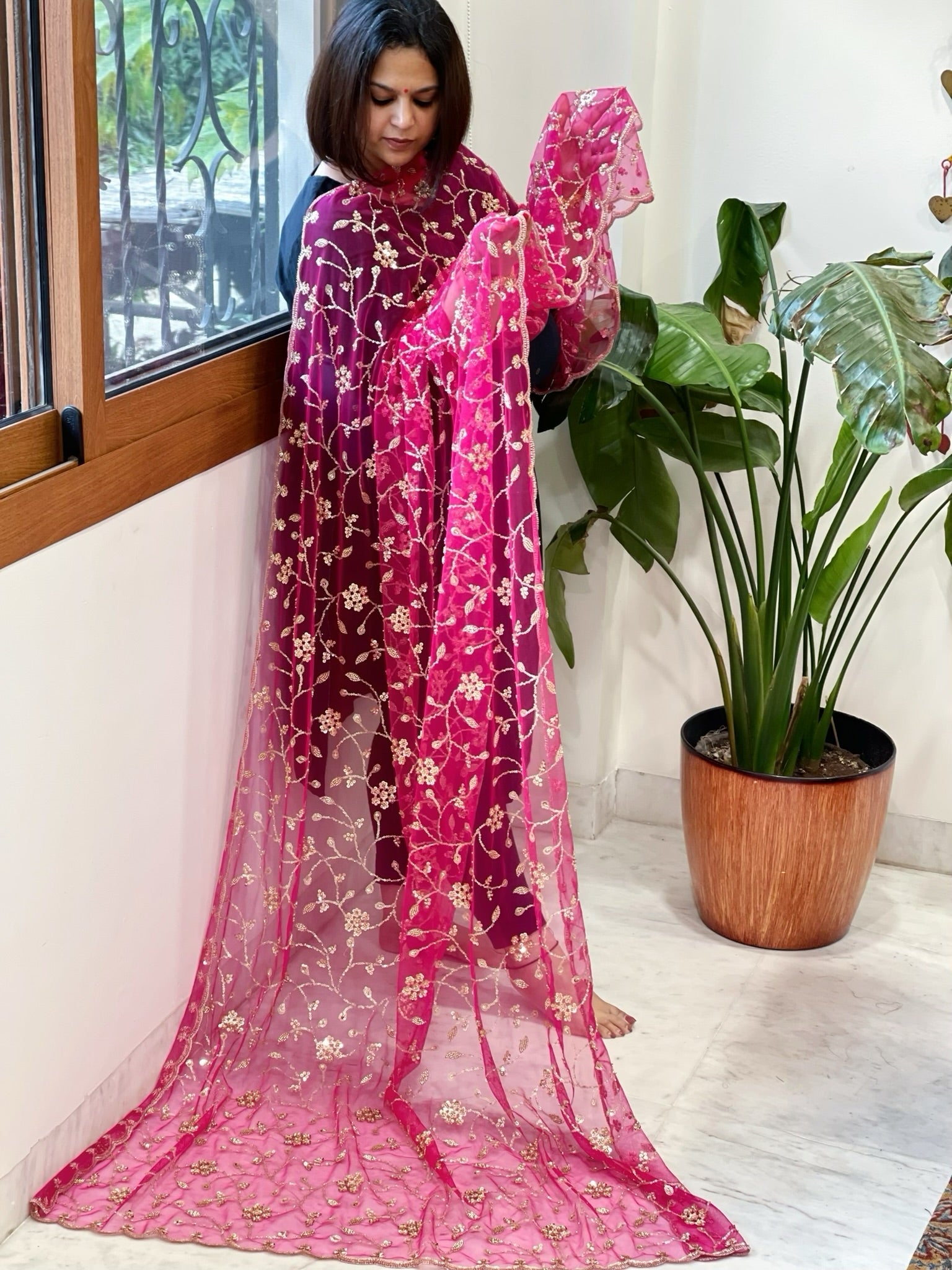 Pink Net Dupatta with Sequin and Cut Daana Embroidery - Masakalee