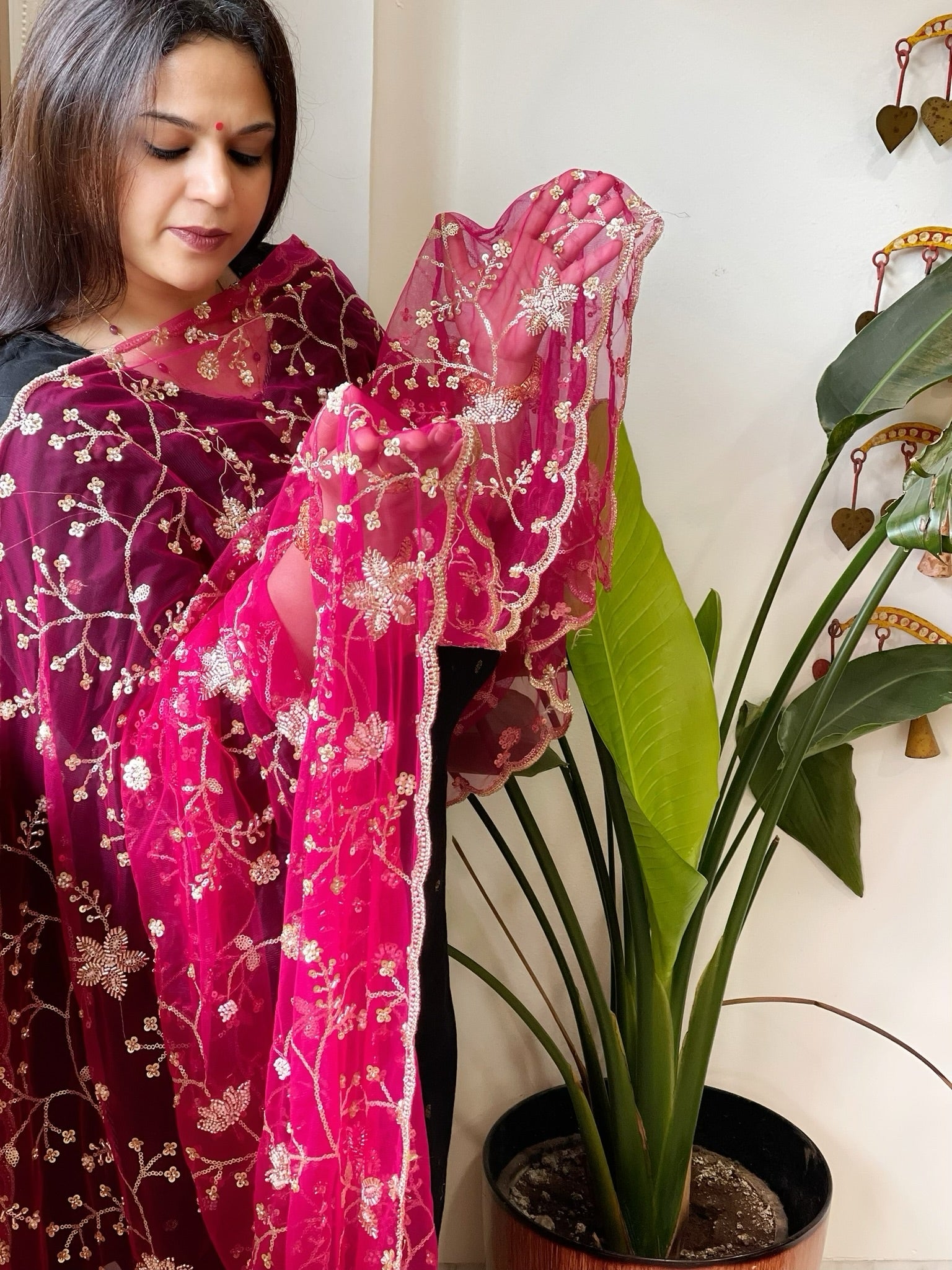Pink Net Dupatta with Sequin and Cut Daana Embroidery - Masakalee
