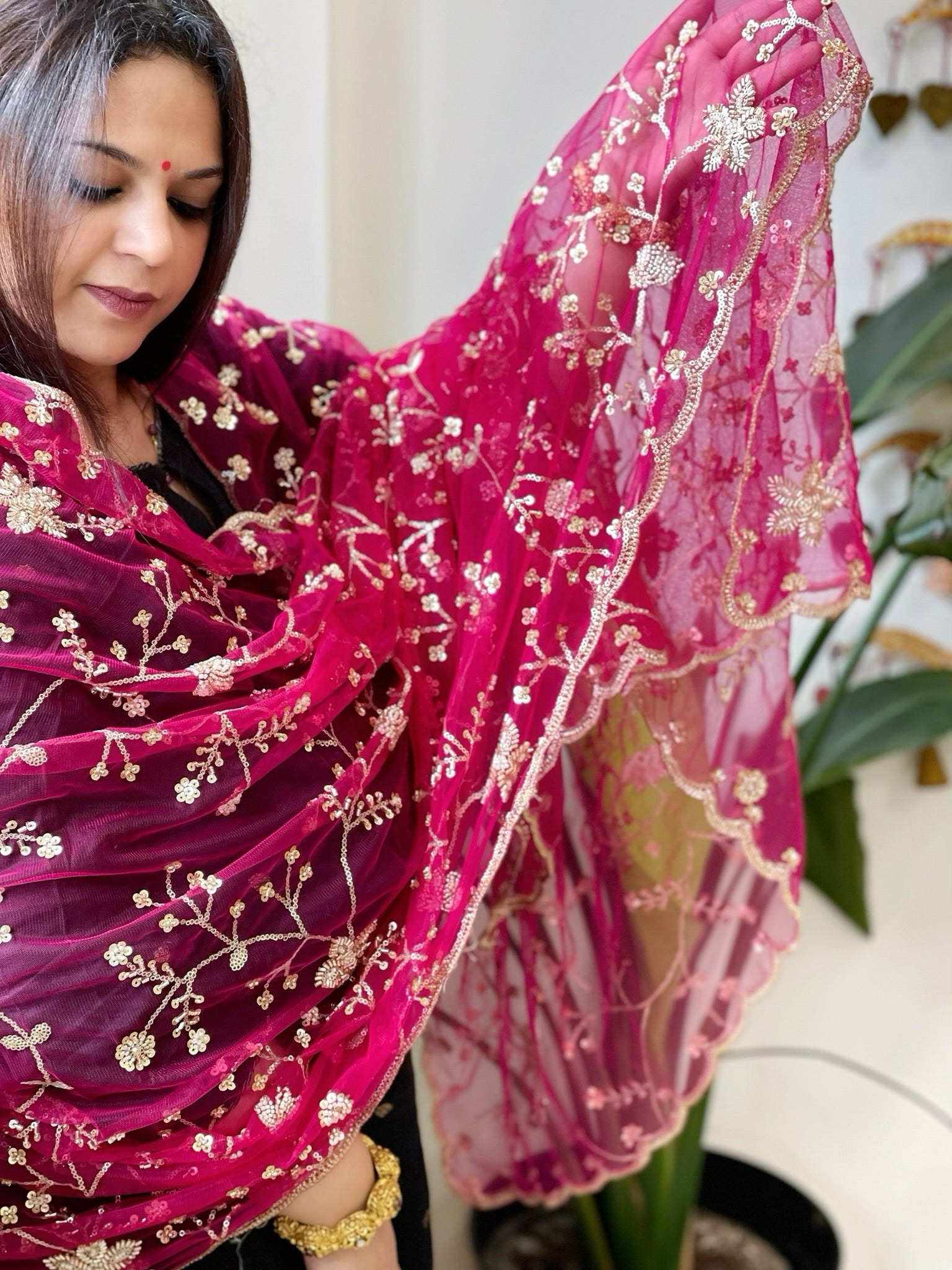 Pink Net Dupatta with Sequin and Cut Daana Embroidery - Masakalee