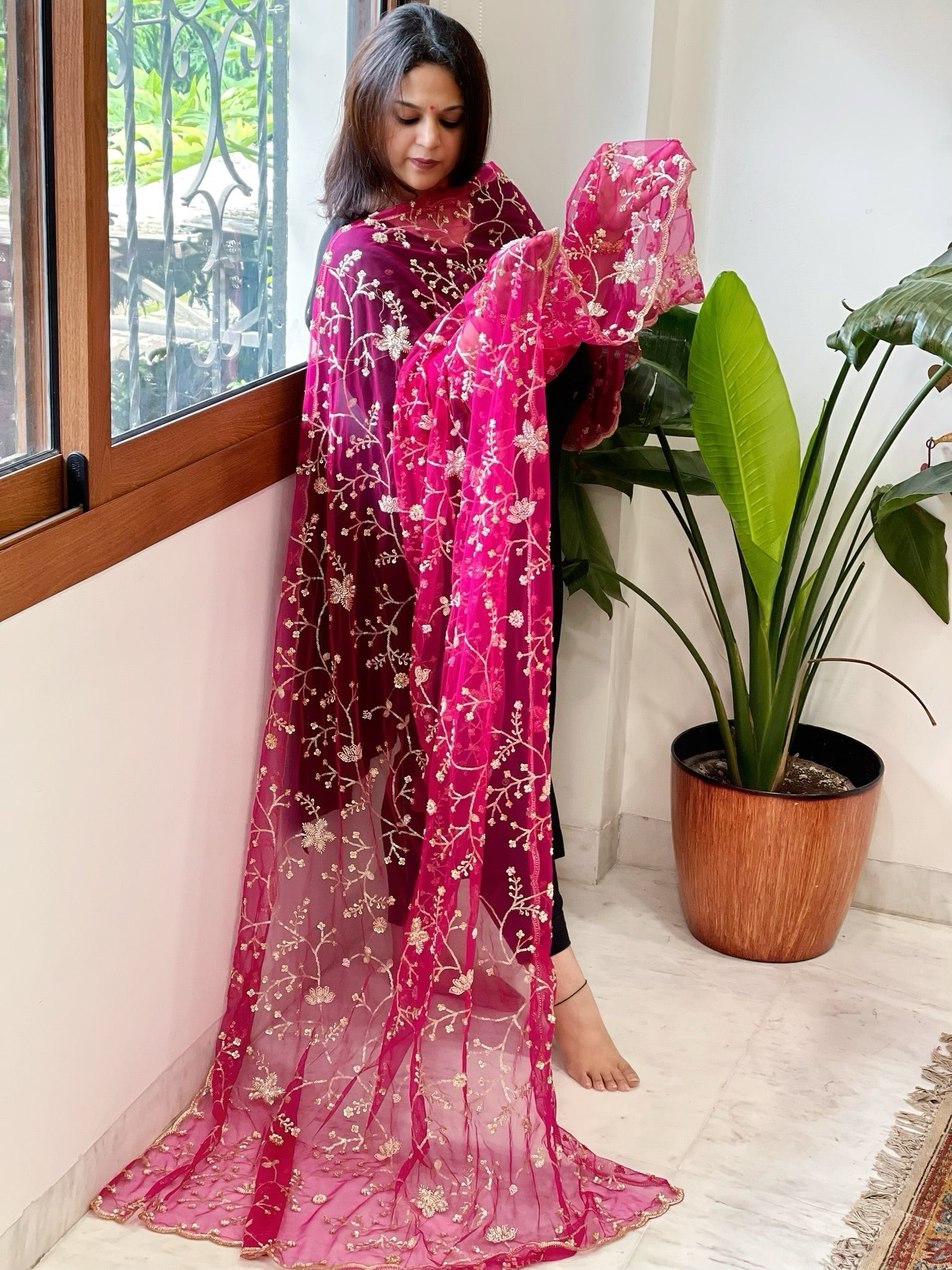 Pink Net Dupatta with Sequin and Cut Daana Embroidery - Masakalee