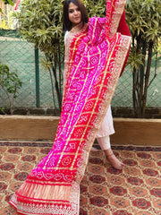 Pink, Orange Bandhani Dupatta with Gotapatti Handwork in Pure Silk - Masakalee