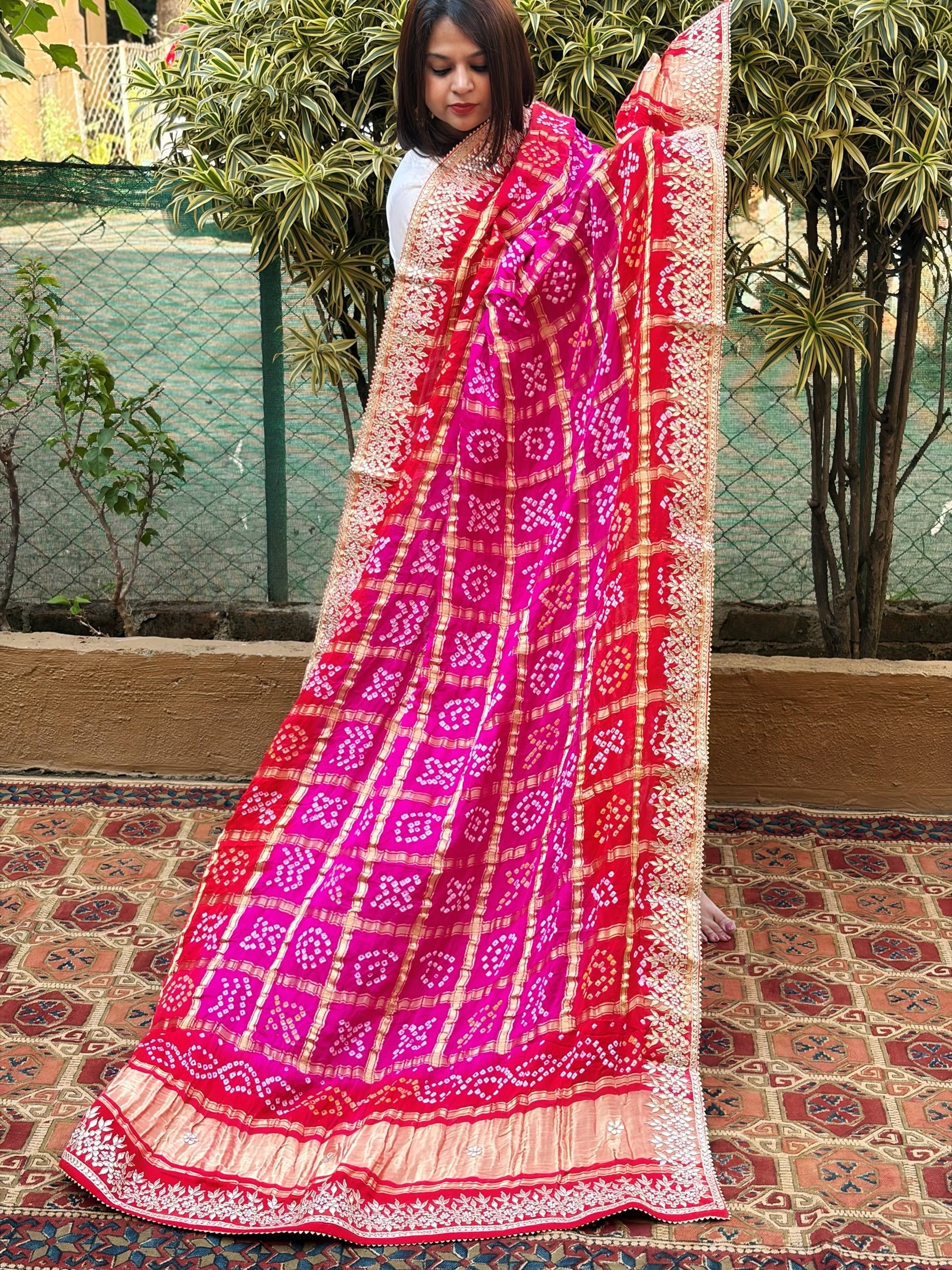Pink, Orange Bandhani Dupatta with Gotapatti Handwork in Pure Silk - Masakalee