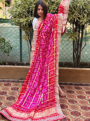 Pink, Orange Bandhani Dupatta with Gotapatti Handwork in Pure Silk - Masakalee