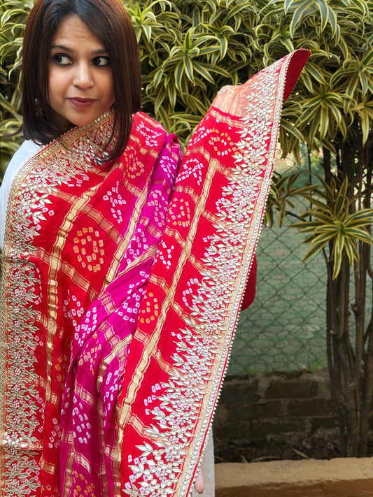 Pink, Orange Bandhani Dupatta with Gotapatti Handwork in Pure Silk - Masakalee