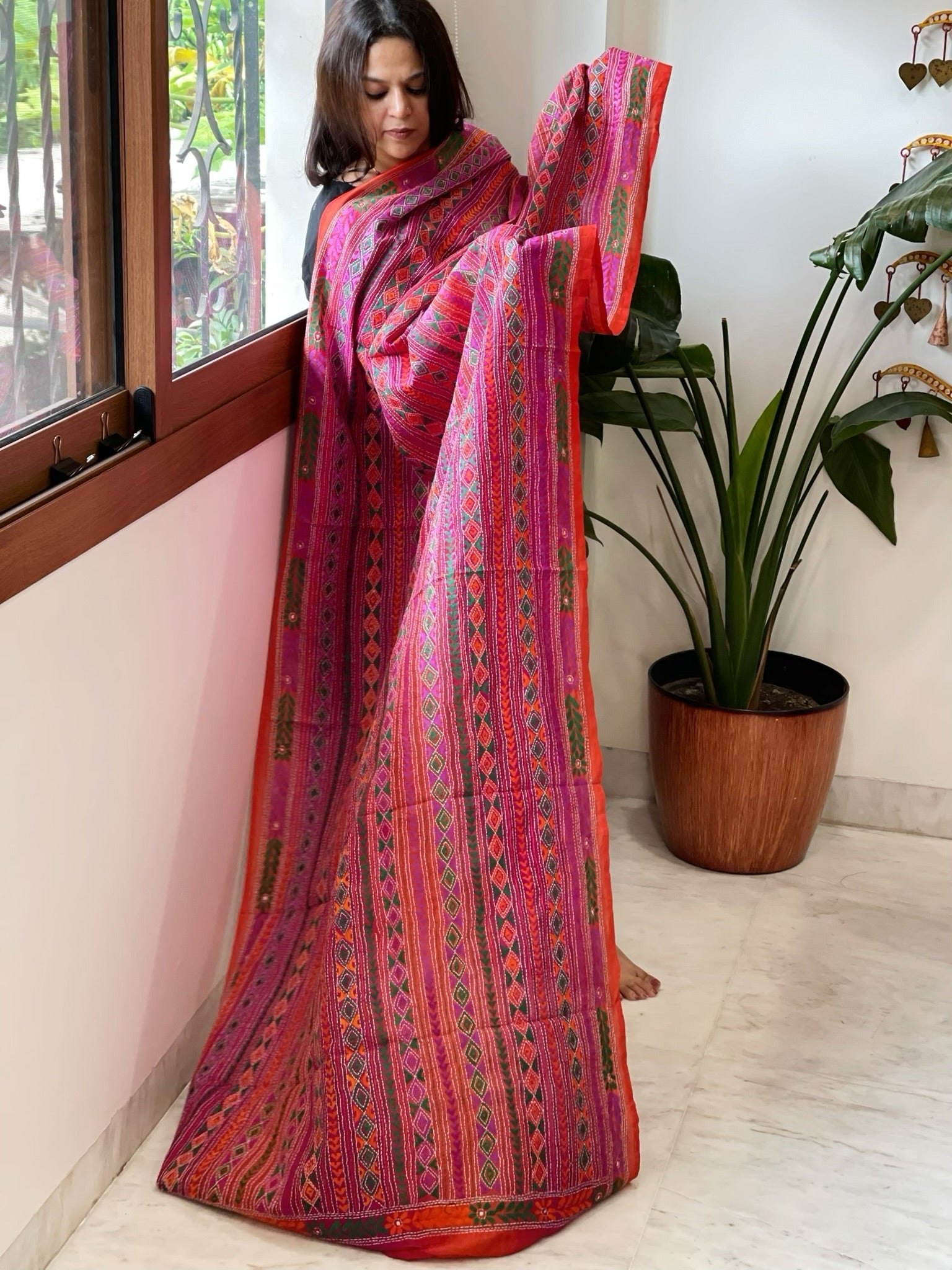 Pink, Orange Handmade Kantha Dupatta in Silk - Masakalee